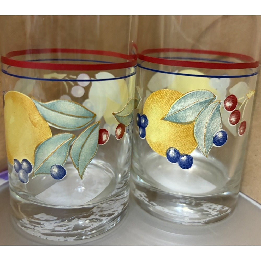 Vintage Corelle Abundance Juice Glasses 7oz Fruit Lemon Cottagecore Set of 2